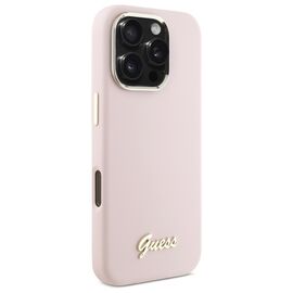 Guess Silicone Script Metal Logo &amp; Frame iPhone 16 Pro Case - Pink | Techbox