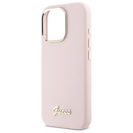 Guess Silicone Script Metal Logo &amp; Frame iPhone 16 Pro Case - Pink | Techbox