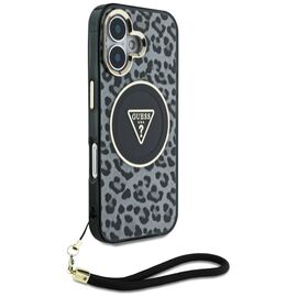 Guess HC IML Leopard Triangle Cord Strap MagSafe case for iPhone 16 - black | Techbox