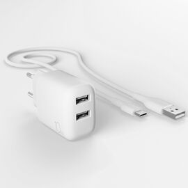 Puro PROLITE 10W 2x USB-A wall charger + USB-A - USB-C cable 1.2m - white | Techbox