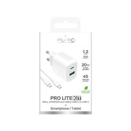 Puro PROLITE 20W USB-A / USB-C wall charger + USB-C - USB-C cable 1.2m - white | Techbox