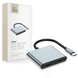 Tech-Protect HB08 4in1 USB-C + USB2.0 + 2 x HDMI 4K 60HZ adapter - gray | Techbox