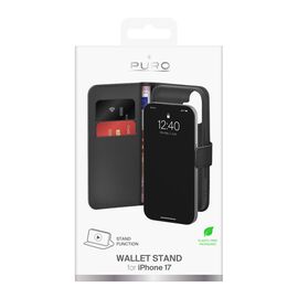 Puro Wallet Stand case for iPhone 17 made of eco-leather, with a flap, wallet and stand function - black - Apple Cases - Cases - Techbox