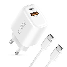 Tech-Protect NCA20 PD 20W QC3.0 USB-A / USB-C Wall Charger + USB-C / USB-C Cable 100cm - White | Techbox