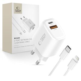 Tech-Protect NCA30 PD 30W QC3.0 USB-A / USB-C Wall Charger + USB-C / Lightning Cable 100cm - White | Techbox