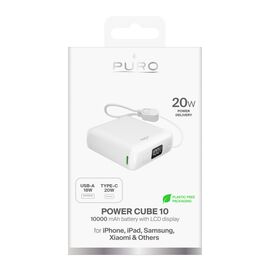 Puro 10000mAh 20W USB-C USB-A Power Bank with Display and Built-in USB-C Cable - White | Techbox