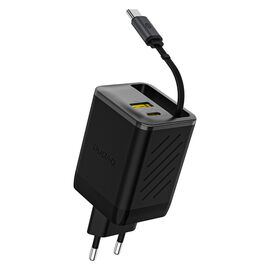Dudao A67EU GaN 67W Wall Charger with Built-in Retractable USB-C Power Delivery Quick Charge Cable - Black | Techbox