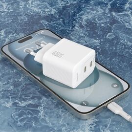 Dudao A28PCEU PD 45W GaN 2xUSB-C Wall Charger with USB-C Cable - White - Travel Chargers - Smartphone Chargers - Techbox