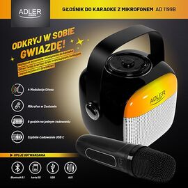 Adler AD 1199 black Karaoke speaker with microphone - SD/USB/AUX/Bluetooth | Techbox