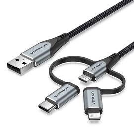 Vention USB 2.0 A Male to 3-in-1 Micro-B&USB-C&Lightning Male Cable 1M Gray Aluminum Alloy Type | Techbox