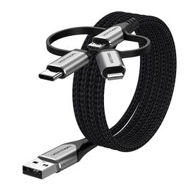 Vention USB 2.0 A Male to 3-in-1 Micro-B&USB-C&Lightning Male Cable 1M Gray Aluminum Alloy Type | Techbox
