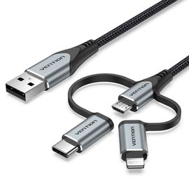Vention USB 2.0 A Male to 3-in-1 Micro-B&USB-C&Lightning Male Cable 1M Gray Aluminum Alloy Type | Techbox