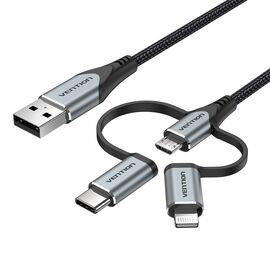 Vention USB 2.0 A Male to 3-in-1 Micro-B&USB-C&Lightning Male Cable 1M Gray Aluminum Alloy Type | Techbox