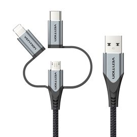 Vention USB 2.0 A Male to 3-in-1 Micro-B&USB-C&Lightning Male Cable 1M Gray Aluminum Alloy Type | Techbox