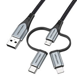 Vention USB 2.0 A Male to 3-in-1 Micro-B&USB-C&Lightning Male Cable 1M Gray Aluminum Alloy Type | Techbox