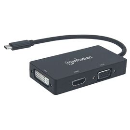 Manhattan USB-C Dock/Hub, Ports (x3): DVI-I, HDMI and VGA Ports, Note: Only One Port can be used at a time, External Power Supply Not Needed, Universal for all devices, Cable 10cm, Black, Three Year Warranty | Techbox