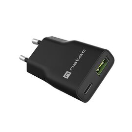 NATEC RIBERA GAN SLIM MAINS CHARGER 1× USB-A + 1× USB-C 20W BLACK - Travel Chargers - Smartphone Chargers - Techbox