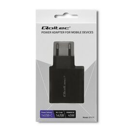 Qoltec 51717 Charger | 45W | 5-20V | 2.25-3A | USB type C PD | USB | Black - Travel Chargers - Smartphone Chargers - Techbox