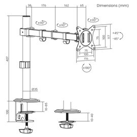 Maclean MC-753N LCD Monitor Desk Mount 17-32" 9kg VESA 75x75 100x100 Single Arm Extendable Adjustable | Techbox