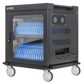 Manhattan Laptop Charging Cart/Trolley via AC Adapter (EU) 32-bay, Install device's AC Adapter (power cables) into unit, Suitable for ALL laptops (to 15.6"), iPads, MacBooks, Chromebooks, other USB-C devices, Bays 380x30x280mm, Cabinet, Lockable | Techbox