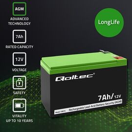 Qoltec 53076 AGM battery | 12V | 7Ah | max. 105A | Security | Techbox