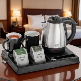 Adler AD 1354 Hotel kettle stainless steel 1.2 L + tray with cups black, steel | Techbox