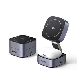 Ugreen W702 3in1 inductive charger with MagSafe / Qi2 and USB-C port for phone / headphones - black | Techbox
