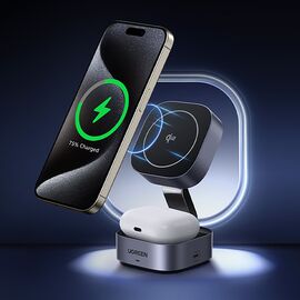 Ugreen W702 3in1 inductive charger with MagSafe / Qi2 and USB-C port for phone / headphones - black | Techbox