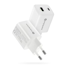 GaN mains charger with 1 x USB and 1 x USB-C Quick Charge 4.0 45W, white | Techbox