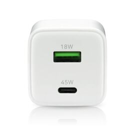 GaN mains charger with 1 x USB and 1 x USB-C Quick Charge 4.0 45W, white | Techbox