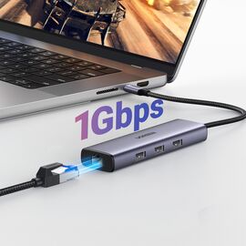 HUB Ugreen CM512 15598 6in1 USB-C - 3x USB-A 3.0 / HDMI / RJ45 / USB-C PD - gray | Techbox