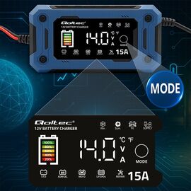 Qoltec 52496 Charger 12V 15A | Rectifier with repair function and maintaining power supply during battery replacement | for AGM GEL LiFePO4 | LCD