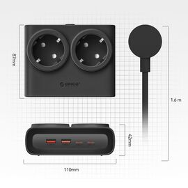 Orico PDC25 25W 6in1 Power Strip 2x AC + 2x USB-A + 2x USB-C - Black | Techbox