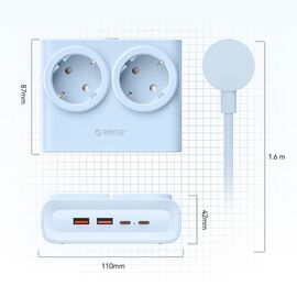 Orico PDC25 25W 6in1 Power Strip 2x AC + 2x USB-A + 2x USB-C - Blue | Techbox