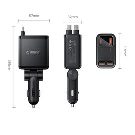 Orico Twin Reach 45W USB-A + USB-C Car Charger with Two Retractable USB-C Cables - Black