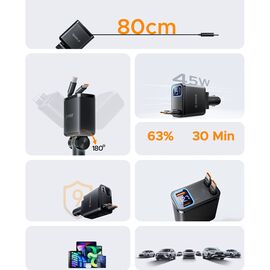 Orico Twin Reach 45W USB-A + USB-C Car Charger with Two Retractable USB-C Cables - Black