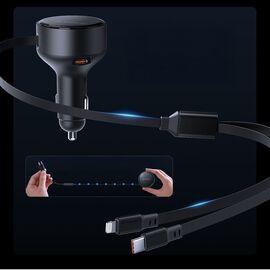 Orico Dual Stretch 60W USB-C Car Charger with Two Retractable USB-C + Lightning Cables - Black