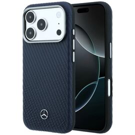 Mercedes Leather Semi Wrap Wood Effect MagSafe Case for iPhone 17 Pro - Navy Blue