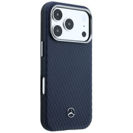 Mercedes Leather Semi Wrap Wood Effect MagSafe Case for iPhone 17 Pro Max - Navy Blue