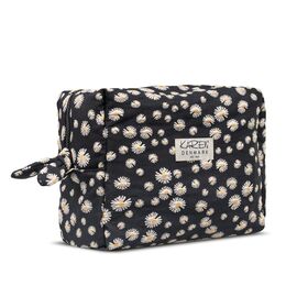 Karen - Large toiletry bag with embroidered daisies - Black - Large / Luggage and Travel Gear
