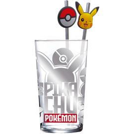 POKEMON - Pikachu - Set of Premium XXL Glass 16oz + Twin Metal Straw
