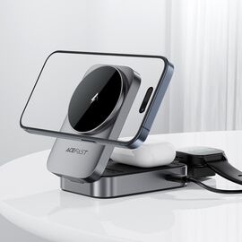 Acefast E22 3-in-1 Wireless Inductive Charging Station, MagSafe Compatible - Gray