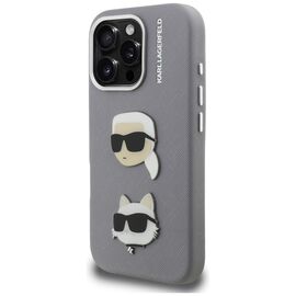 Karl Lagerfeld FW Grained Karl &amp; Choupette Heads Pins Case for iPhone 16 Pro - Gray