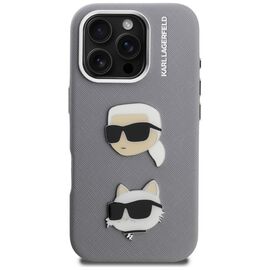 Karl Lagerfeld FW Grained Karl &amp; Choupette Heads Pins Case for iPhone 16 Pro - Gray