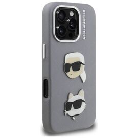 Karl Lagerfeld FW Grained Karl &amp; Choupette Heads Pins Case for iPhone 16 Pro - Gray