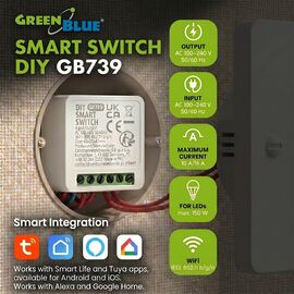 GreenBlue Flush-Mount WiFi Relay, Android/iOS/Alexa/Google Home, 100–240 V AC, 50/60 Hz, max. 16 A, for 150 W LEDs, GB739