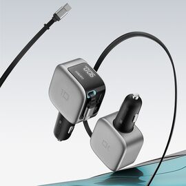 Cuktech CC903P 100W Car Charger with Display and 70cm Retractable USB-C Cable - Gray