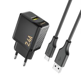 Dudao A23TEU 2.4A GaN USB-A Wall Charger with USB-A - USB-C Cable - Black