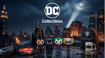 Συλλεκτικά DC στο Techbox: φιγούρα Batman, Funko POP Superman και Joker, κούπα, μπλουζάκι και σακίδιο σε ταράτσα με θέα τη Gotham