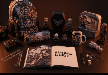 Buying Guide: μοντέρνο γραφείο με συλλεκτικά σχολικά και αξεσουάρ εμπνευσμένα από gaming, anime, manga, σειρές & ταινίες – gaming backpack, τετράδιο με artwork, κασετίνα χαρακτήρων, συλλεκτική κούπα, φιγούρες και χειριστήριο.